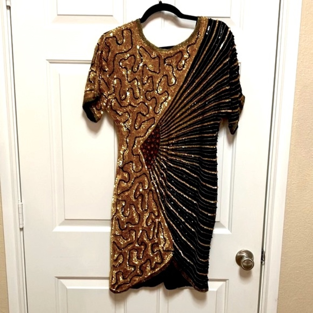 Rare Vintage Gold & Black Sequined & Beaded Silk Cocktail Dress Size 6